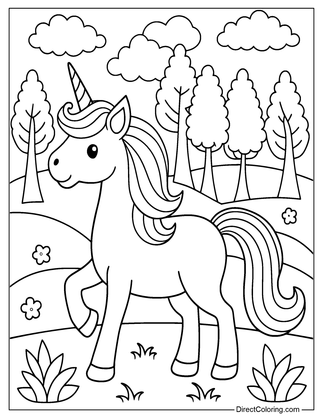 Unicorn in a Park Coloring Book